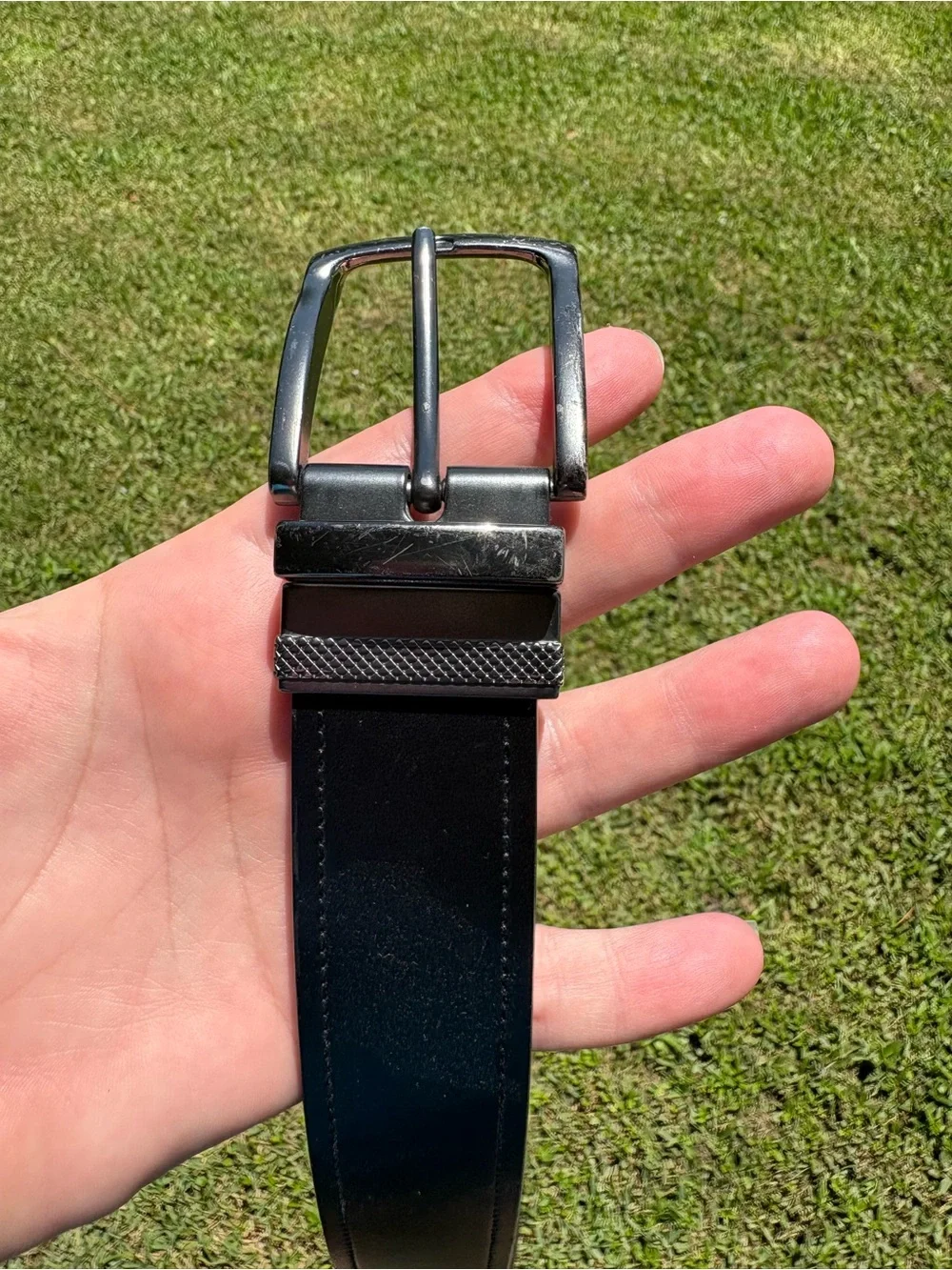 Black men’s belt B006905 34/85 Bonded Leather Y5DF Silver Buckle GUC Minor wear